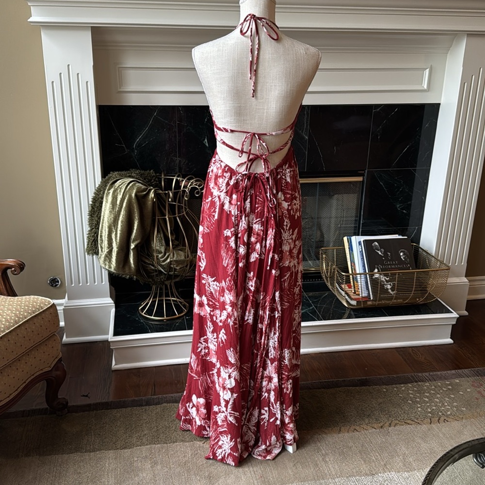 FREE PEOPLE Elegant Brick Red Floral Halter Dress - Picture 2 of 13